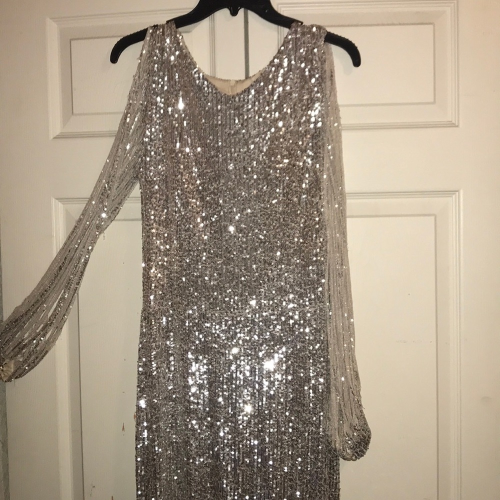 Tassel Sleeve Sequin Maxi Evening Dress
